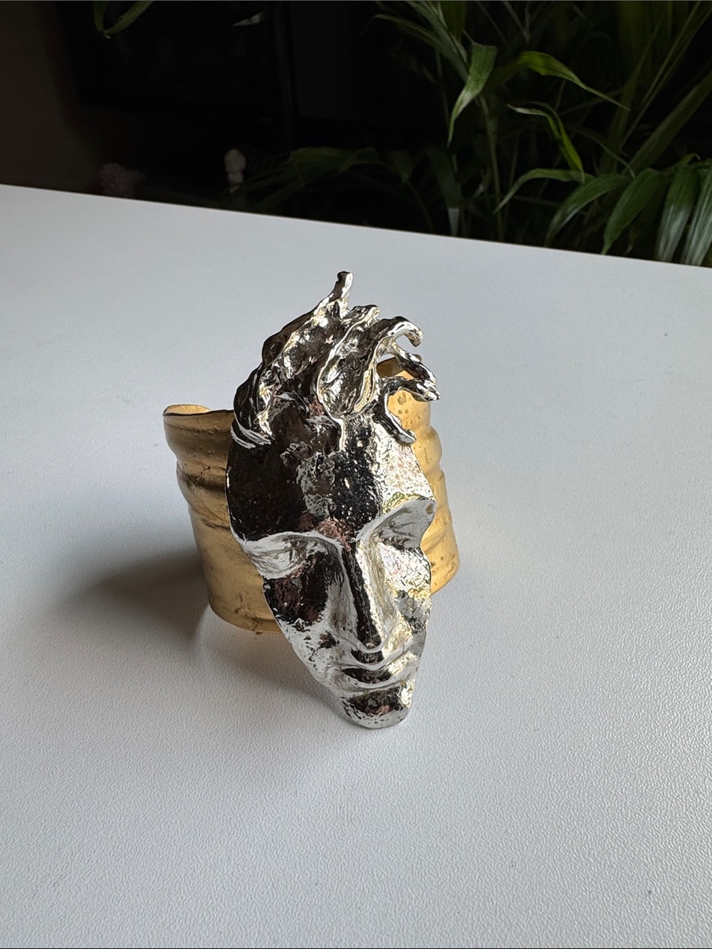 Sculptural Two-Tone Face Cuff Bracelet - Silver & Gold